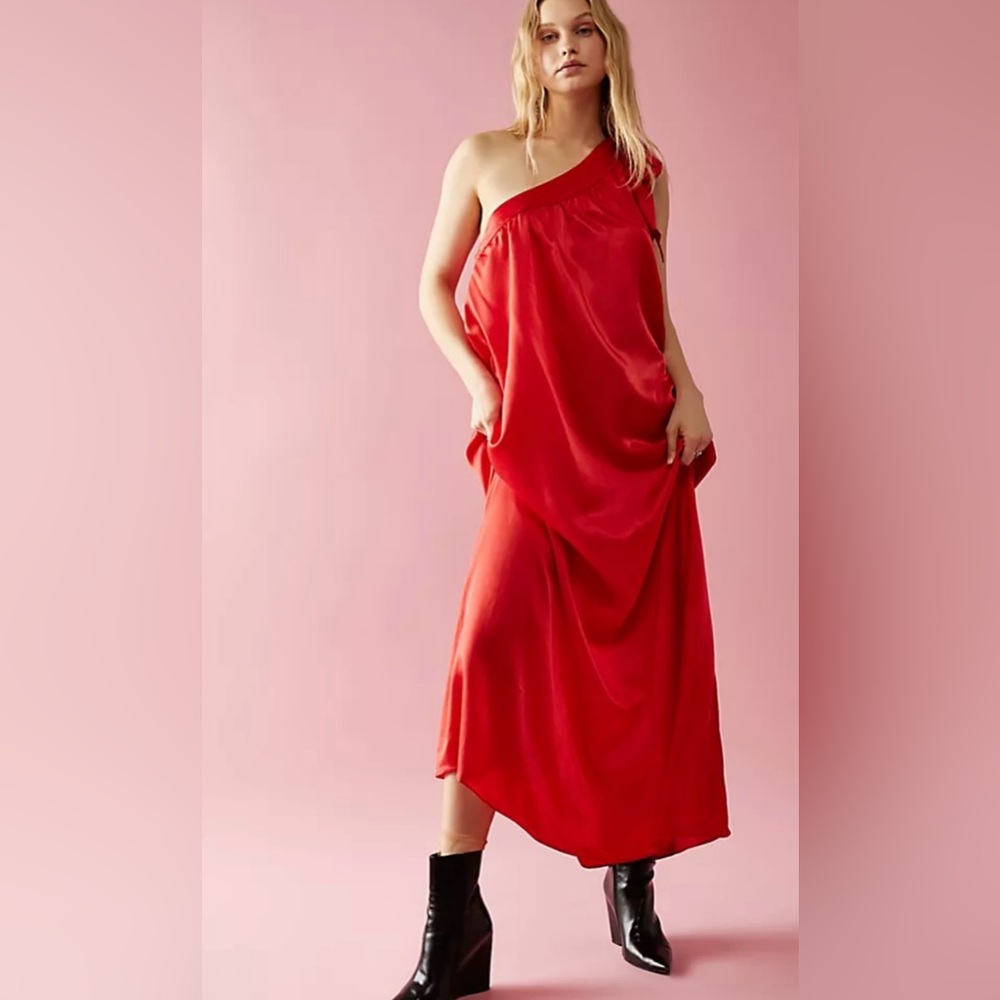 Free People Bright Red One-Shoulder Bow Dress